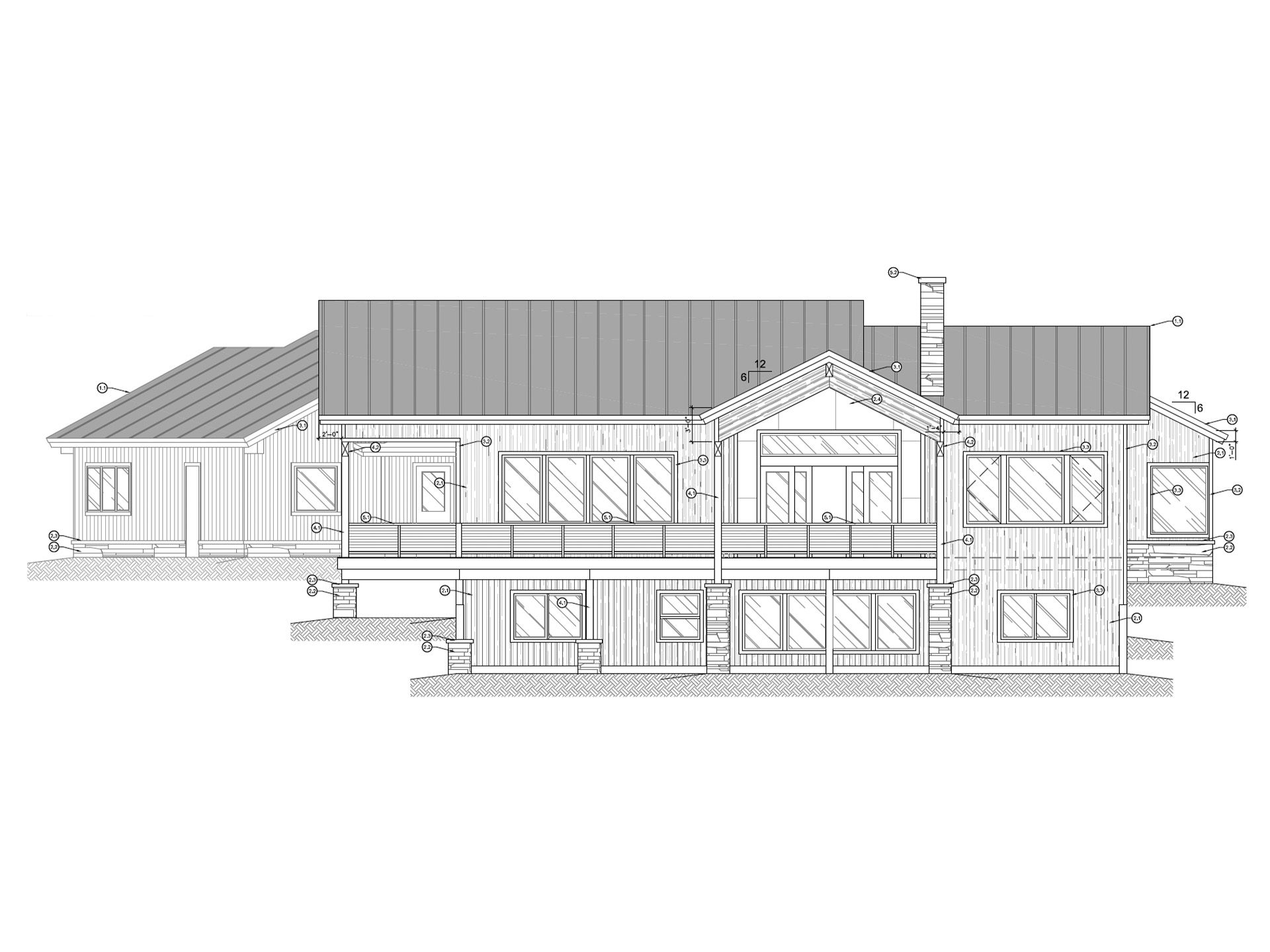An architectural elevation drawing of a custom home with a walkout lower level, one of thousands of plans Onyx & Oak Homes can build from