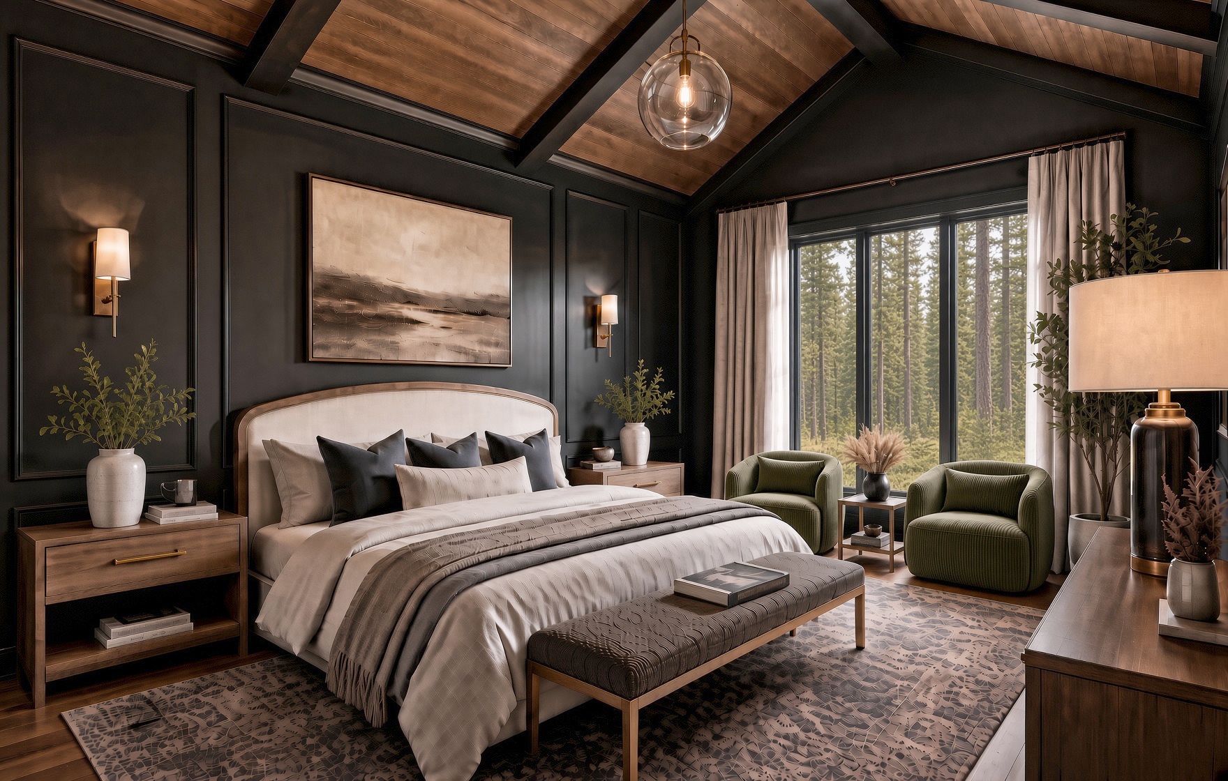 The Juniper Stone, a Modern English Cottage home plan by Onyx & Oak Homes in North Idaho: Bedroom rendering
