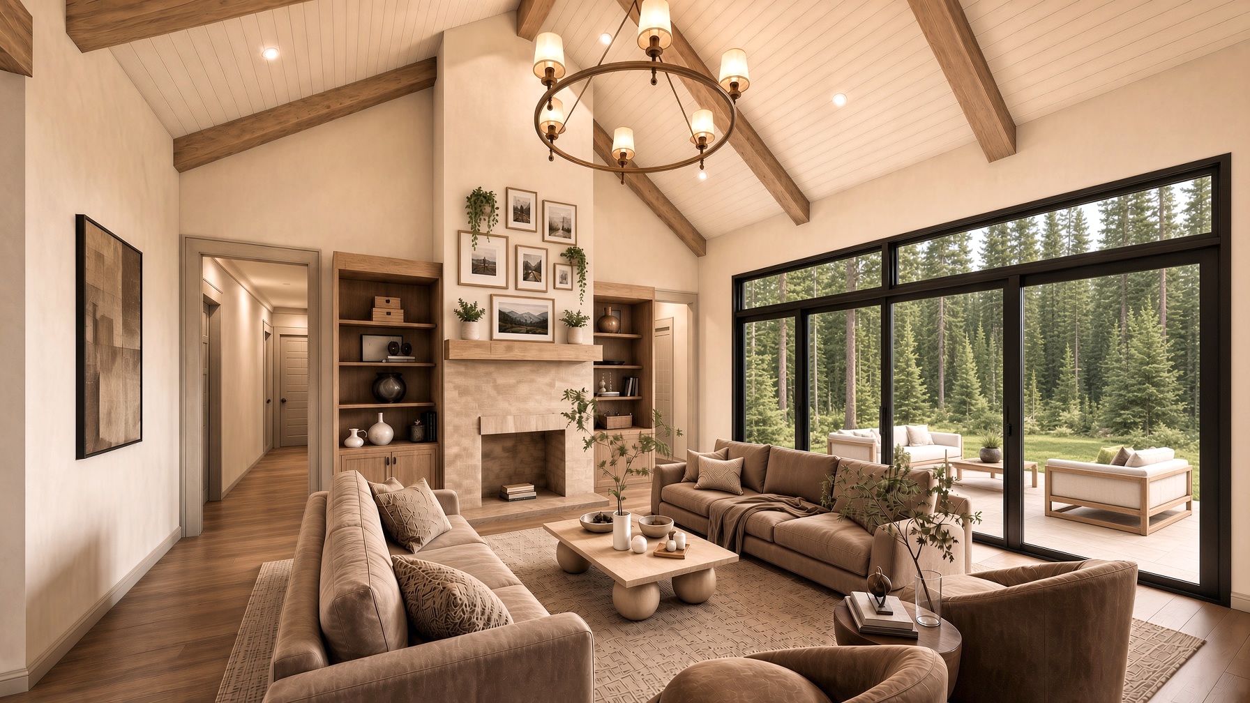 The Juniper Stone, a Modern English Cottage home plan by Onyx & Oak Homes in North Idaho: Great room rendering